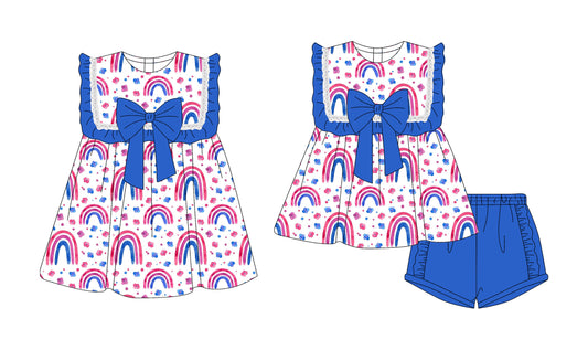 4.19 custom each style moq 5eta 4-6week Sibling Sister rainbow floral baby girl short sleeve shorts sets and dresses match design