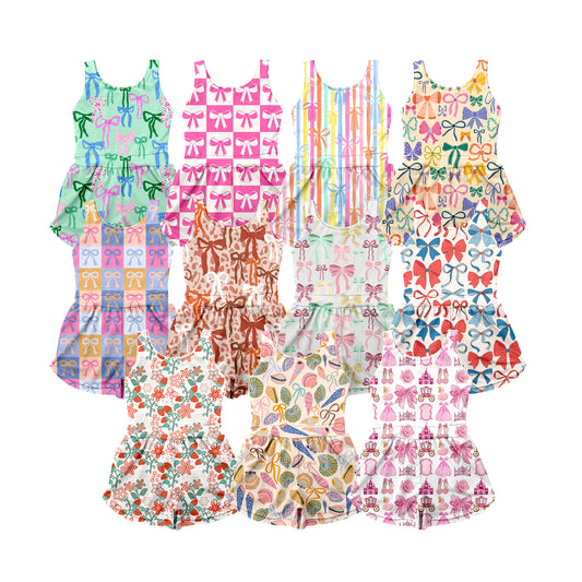 3.19 custom each style moq 5eta 4-6week Sibling Sister baby girls clothes Short sleeve jumpsuit 9 match family design