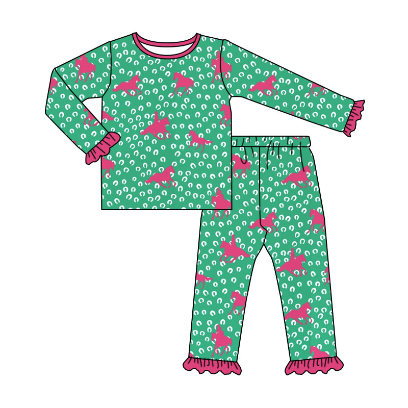 6.7 custom each style moq 5eta 4-6 week Sibling Sister riding horse green girls pajamas outfits and romper match family design