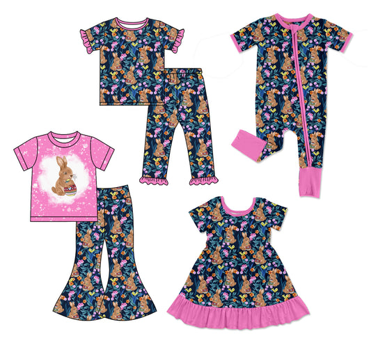 25.12.20 custom each style moq 5 eta 6-8week Sibling Sisters bunny floral baby girl short sleeve pants sets 2 and dress and rompers match family design