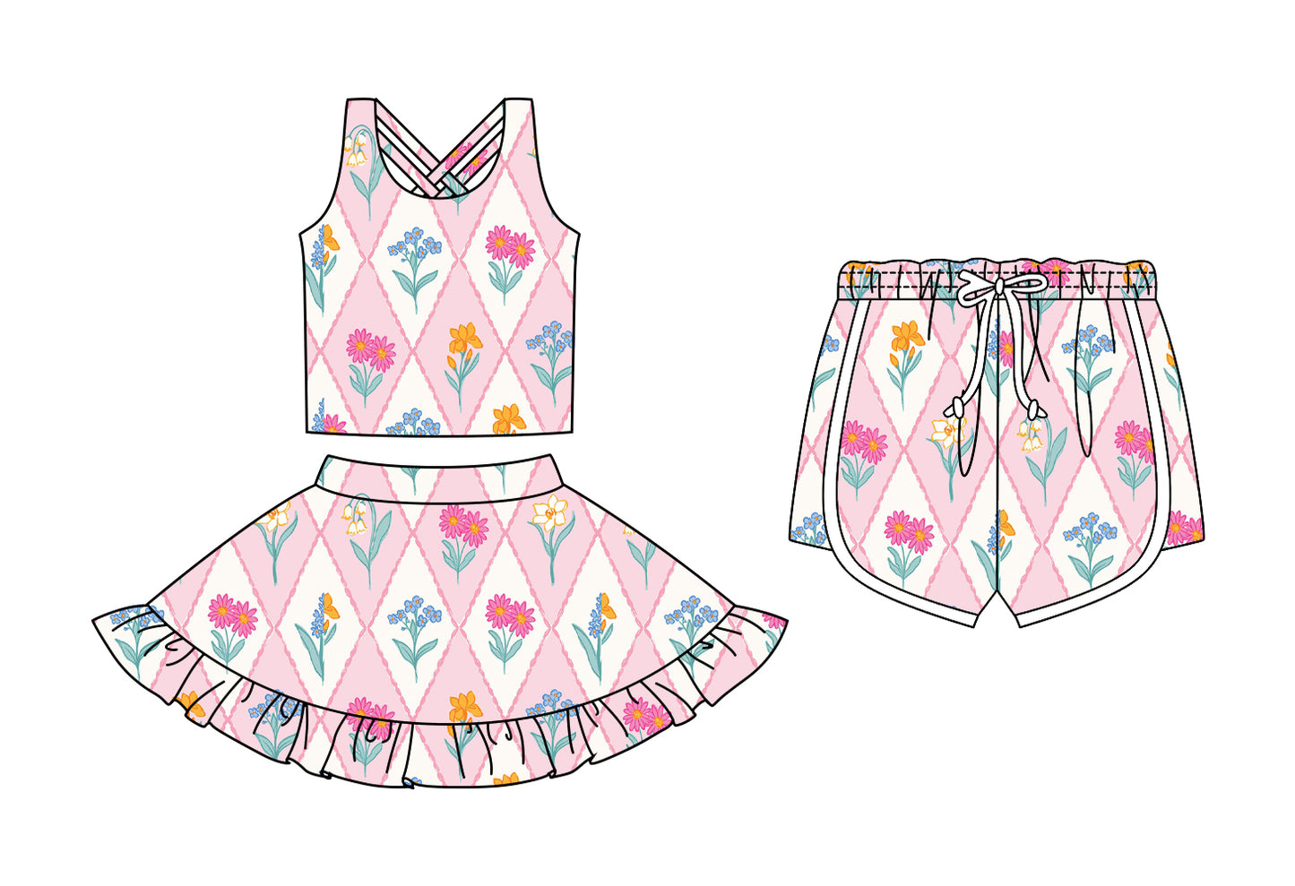 Custom moq 5 mix size Sibling Baby Girls Floral Print Pink Sleeveless Top And Skirt Set with Shorts Cute Toddler Outfit