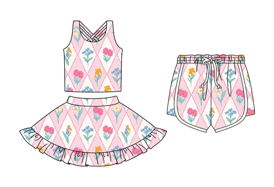 Custom moq 5 mix size Sibling Baby Girls Floral Print Pink Sleeveless Top And Skirt Set with Shorts Cute Toddler Outfit