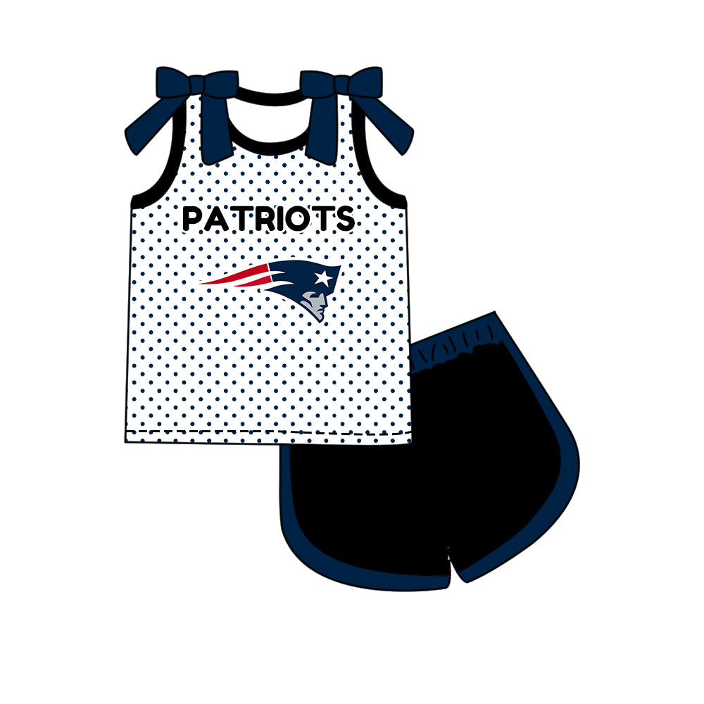 Custom moq 5 mix size summer teams Girls Polka Dot Top Shorts Set Bows Print Top Skirt Set Navy Blue Zipper Pullover Pants Set