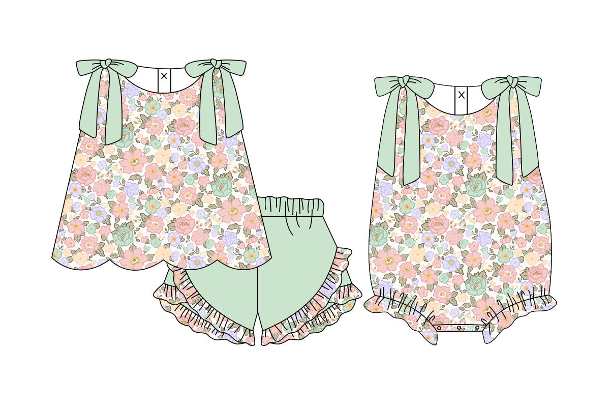 3.10 Custom moq 5 mix size Sibling Baby Girls Flowers Sleeveless Top And Ruffle Shorts Set Matching Romper Outfit