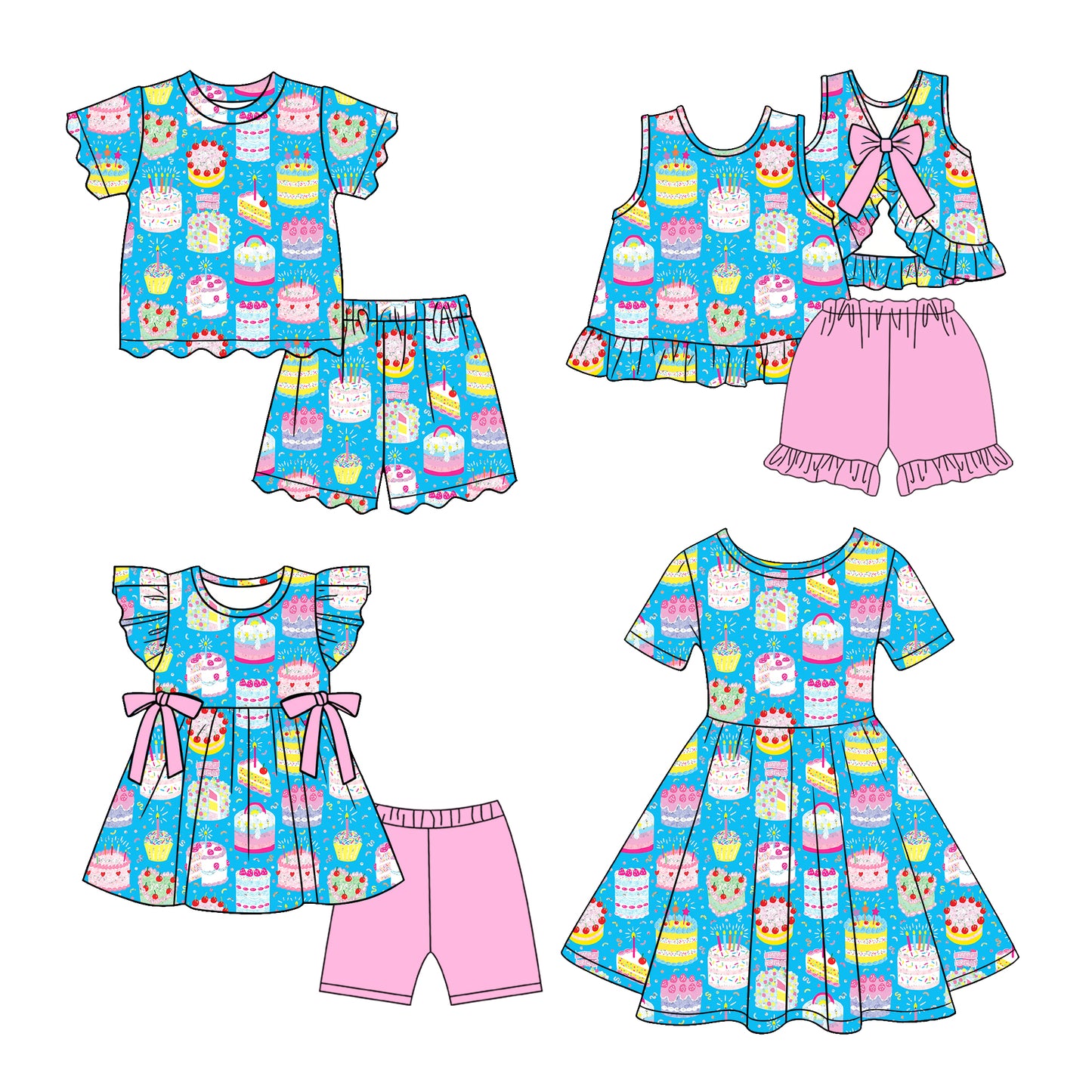 2.26 Custom moq 5 mix size Sibling Baby Girl Blue Short-Sleeved Outfit  And Dress
