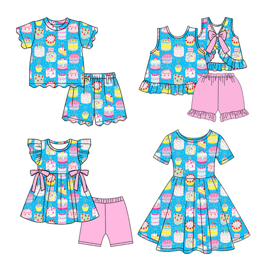 2.26 Custom moq 5 mix size Sibling Baby Girl Blue Short-Sleeved Outfit  And Dress