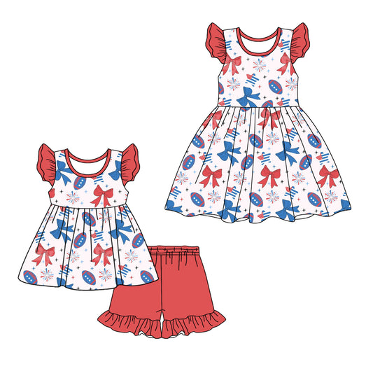 12.24 custom each style moq 5eta 4-6week Sibling Sister bow rugby baby girl short sleeve shorts sets and dresses match design