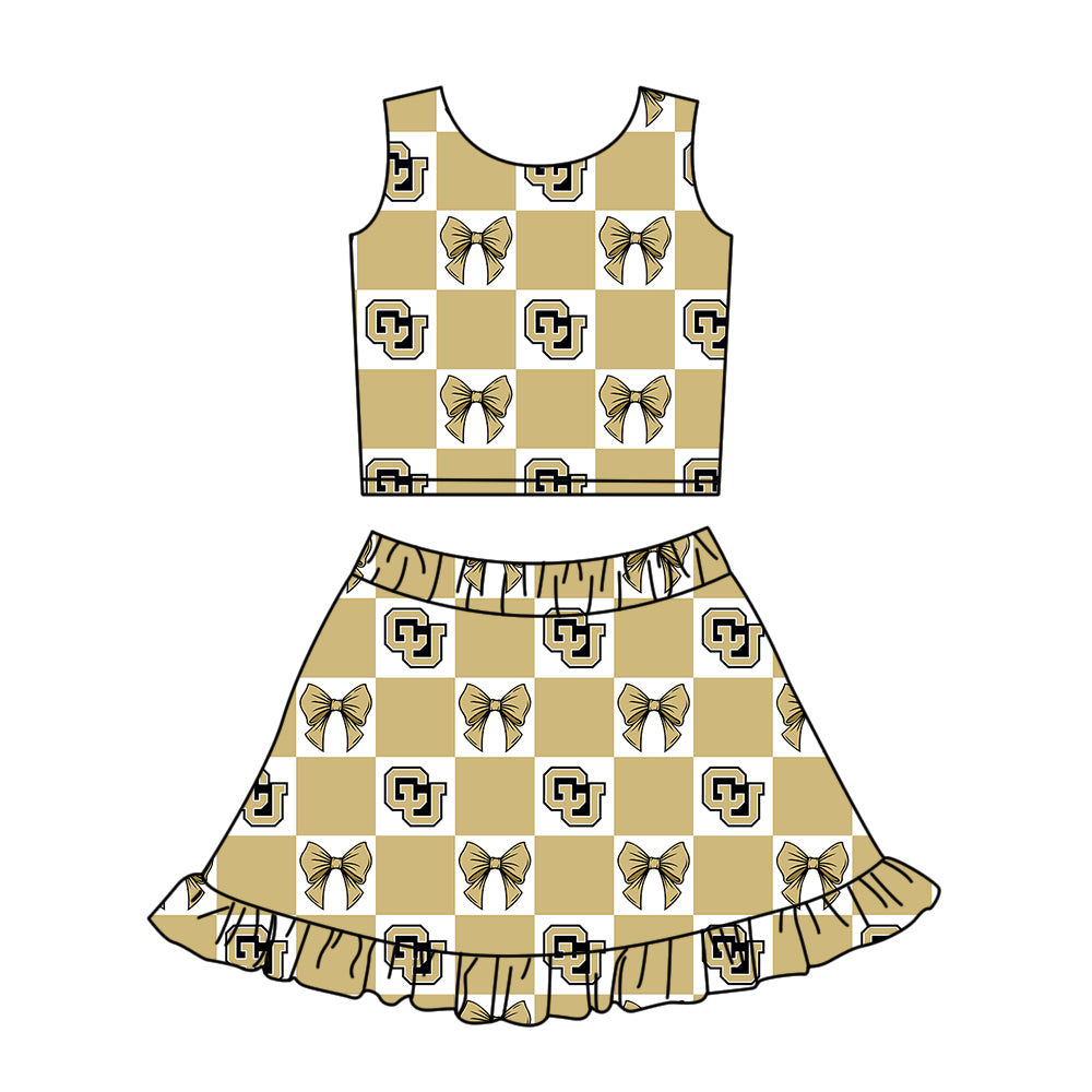 Custom moq 5 mix size Milk Silk Summer Girls' Set Letter Bow Print Plaid Sleeveless Skirt 3-Piece Set Includes Dress and Shorts-26.1.27
