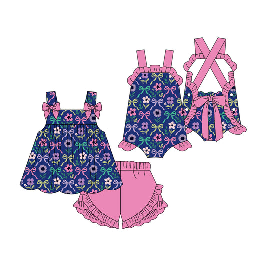 3.17 Custom moq 5 mix size Sibling Baby Girl's Bows Sleeveless Top And Pink Ruffle Short Set Cute Romper for Summer