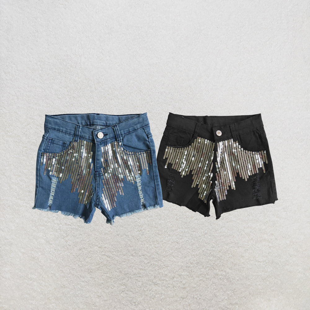 RTS NO MOQ Sibling Baby Girls sequin black denim shorts