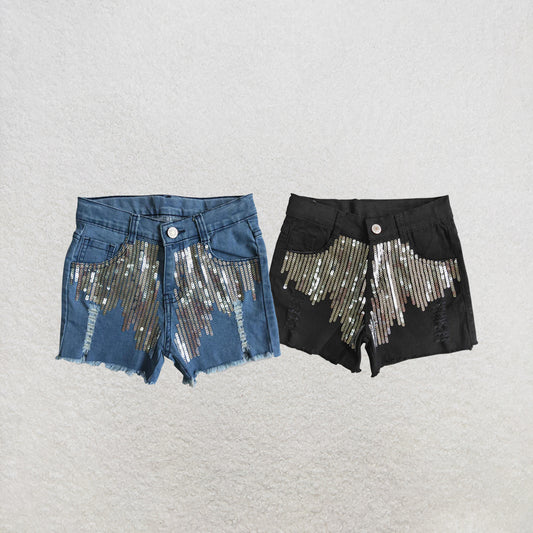 RTS NO MOQ Sibling Baby Girls sequin black denim shorts