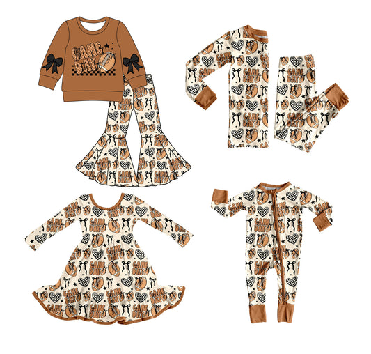 25.8.15 custom each style moq 5 eta 4-6week Sibling Sisters GAME DAY baby girl long sleeve pants sets 1 and sets 2 and romper and dress match family design
