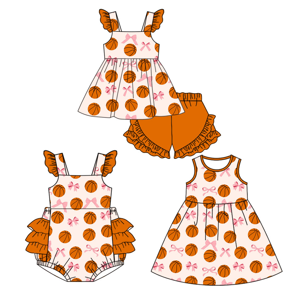 11.20 custom each style moq 5eta 4-6week Sibling Sister basketball bow baby girl short sleeve shorts sets and dress and rompers match family design