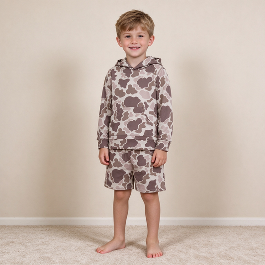NEW RTS NO MOQ milk silk BLS0050 Boys Camo Print Pullover Hoodie Casual Shorts Set