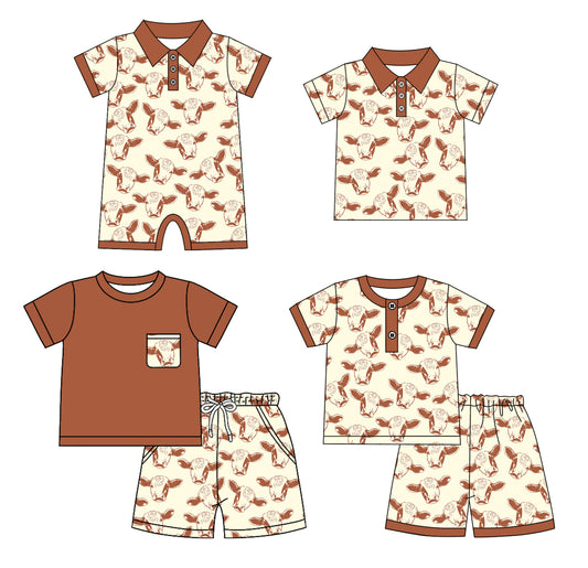 4.14 custom each style moq 5eta 4-6week Sibling Sister cow head baby boy sets 1 and sets 2 and boy rompers and top match family design