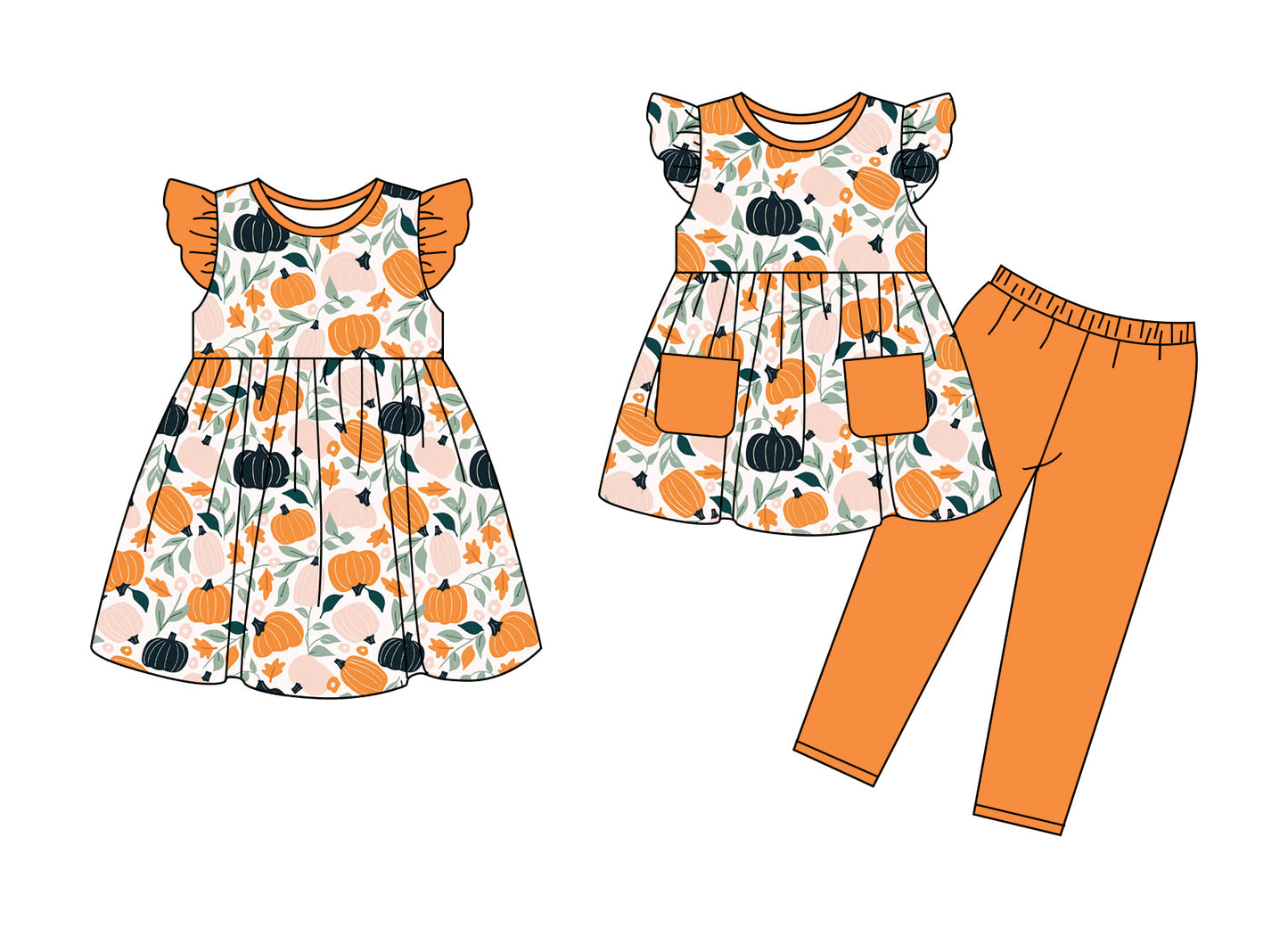4.14 Custom moq 5 mix size Sibling Baby Girl's Pumpkin Flutter Sleeve Top Pants Set Matching  Dress Outfit Set