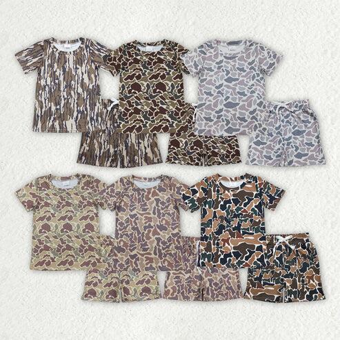 RTS NO MOQ Sibling Baby Boys Camo Pajamas Set Short Sleeve Top Pockets Shorts Sleepwear Clothes Set