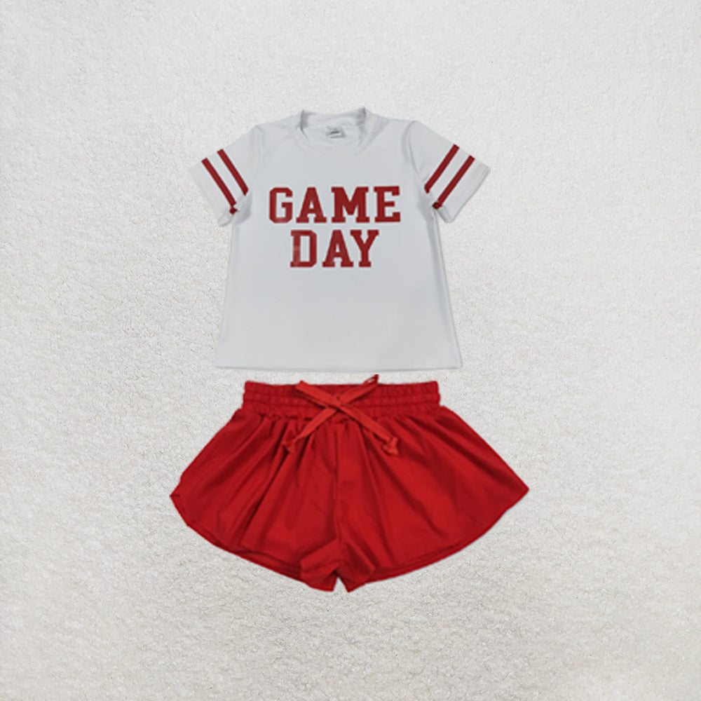 RTS NO MOQ Sibling yoga fabric Baby Girls Vinyl Red Game Day Print Top Matching Shorts Two Piece Team Active Clothes Set