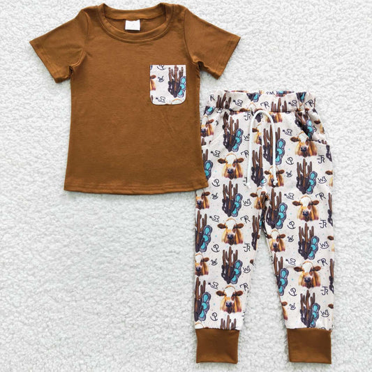 RTS NO MOQ ETA 5/7days Arrived BSPO0107 Boys Cactus Bull Head Brown Pocket Short Sleeve Pant Set