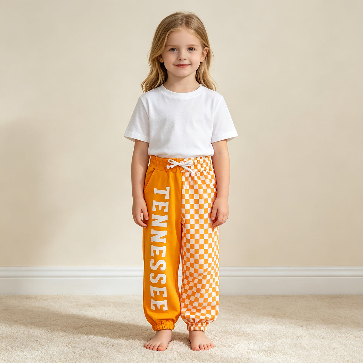 NEW RTS NO MOQ milk silk P1058 Baby Girls Orange Check Team Pocket Elastic Waist Jogger Pant