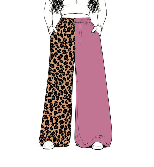 custom moq 5 mix size Baby Kids Leopard Print Dusty Mauve Patchwork Team Flare Pant Casual Bottom