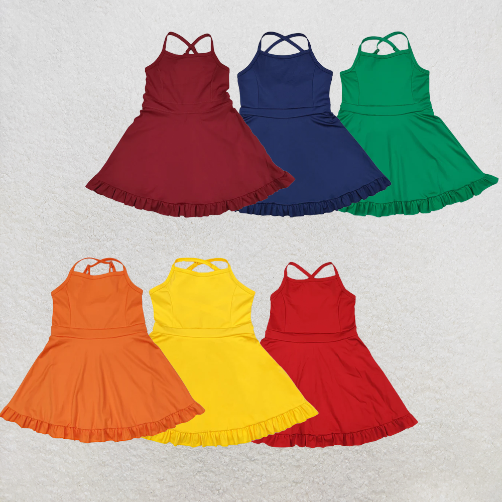 RTS NO MOQ Sibling Baby Girls Dark Red Strap Shorts Yoga Knee Length Athletic Dresses