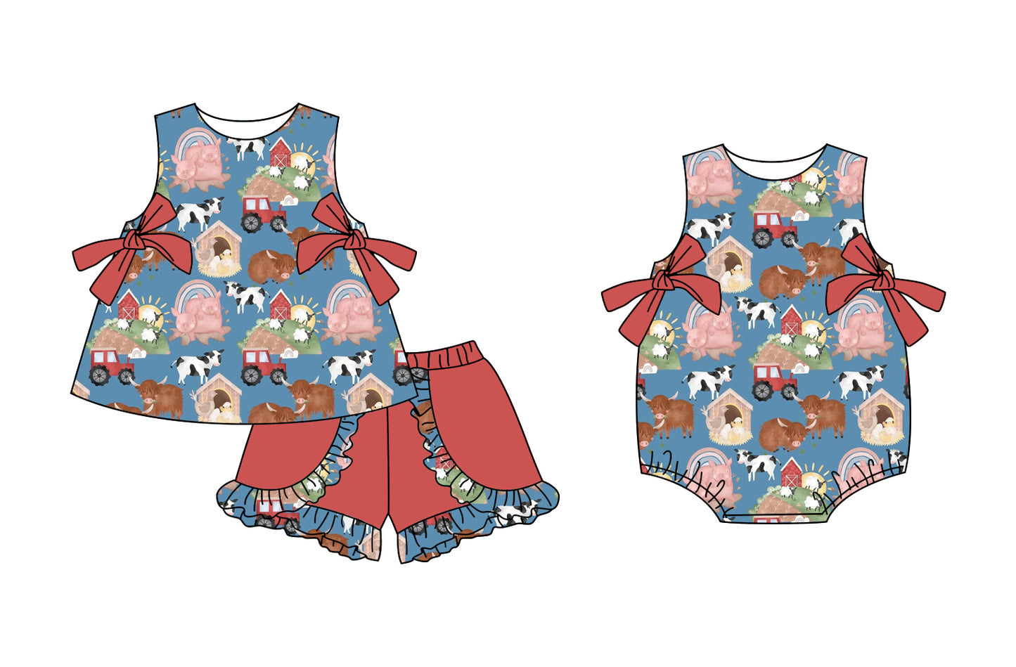 3.3 custom each style moq 5eta 4-6week Sibling Sister farm house baby girl short sleeve shorts sets and romper match design