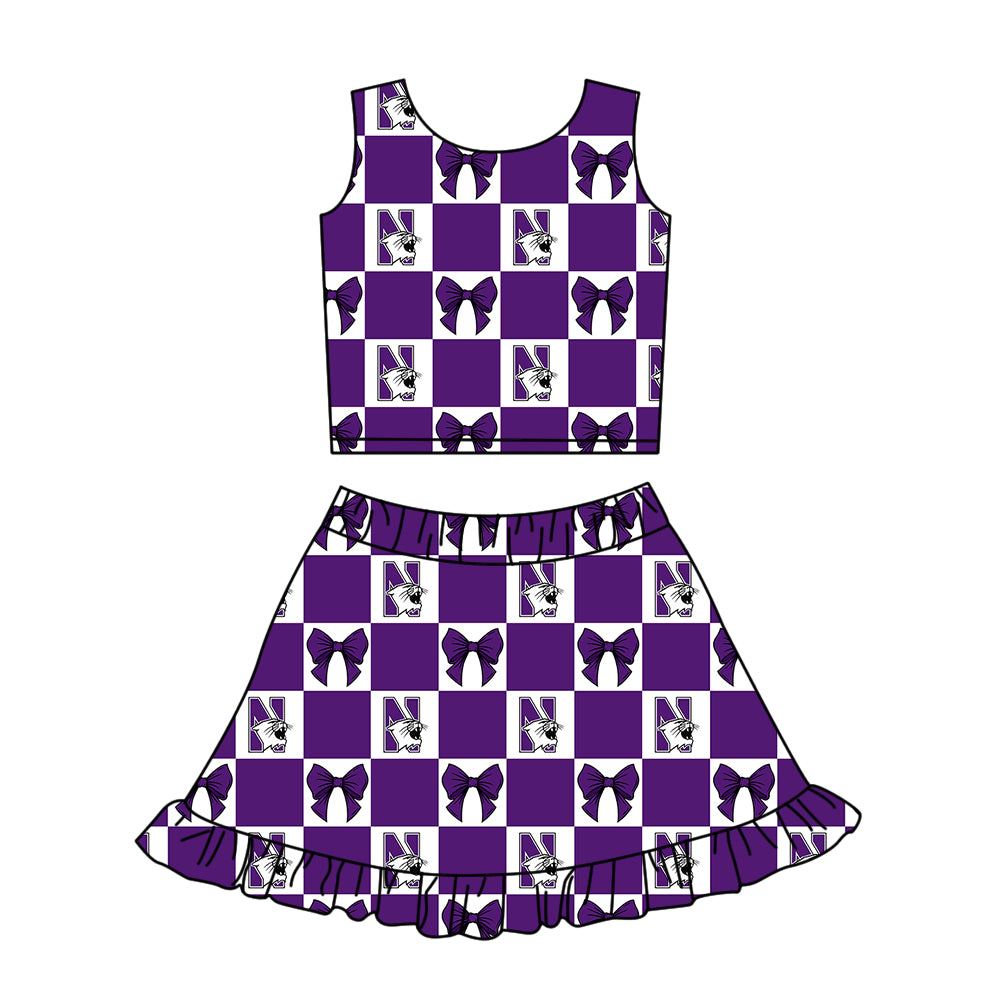 Custom moq 3 or 5 mix size milk silk summer teams baby girl clothes bow purple sleeveless skirts sets-26.1.22