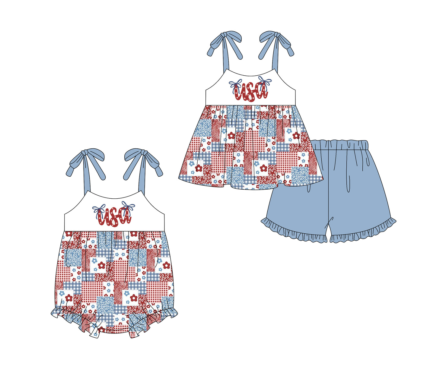 Custom moq 5 mix size Sibling Baby Girl's blue  Short-Sleeved Top And Shorts Set Cute Romper for Summer