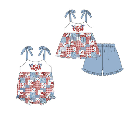 Custom moq 5 mix size Sibling Baby Girl's blue  Short-Sleeved Top And Shorts Set Cute Romper for Summer
