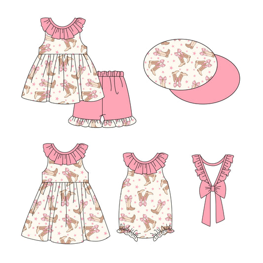 12.27 custom each style moq 5eta 4-6week Sibling Sister boots bow baby girl short sleeve shorts sets and dress and rompers match family design