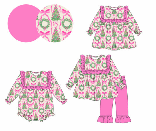 25.5.12 custom each style moq 5eta 4-6week Sibling Sisters Christmas bow baby girl long sleeve pants sets and dress and rompers match family design