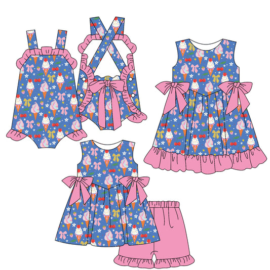 25.11.18 custom each style moq 5 eta 6-8week Sibling Sister ice cream baby short sleeve shorts sets and romper and dress match design