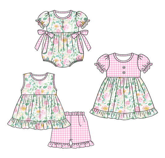 3.24 Custom moq 5 mix size Sibling Baby Girl's Colorful Flowers  Sleeveless Top And Shorts Set Cute Dress for Summer