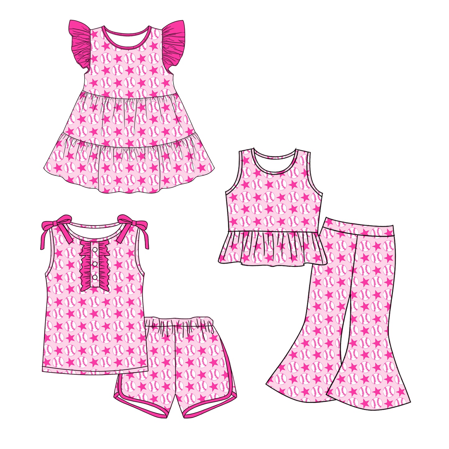 Custom moq 5 mix size Sibling Baby Girl pink Flutter-Sleeved Dress Sleeveless Top Shorts Set Or Trousers Set Casual Comfortable Outfit for Little Ones