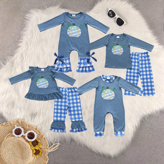 RTS NO MOQ Sibling Baby girls boy clothes embroidery pumpkin long-sleeved trousers suit & romper