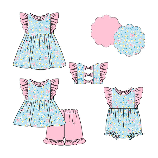 4.23 custom each style moq 5eta 4-6week Sibling Sisters floral baby girl short sleeve shorts sets and dress and rompers match family design