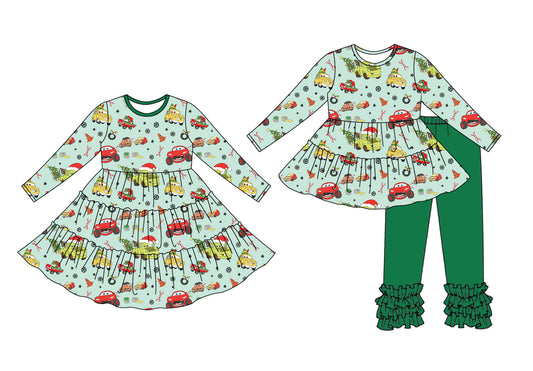 25.7.4 custom each style moq 5eta 4-6week Sibling Sisters Christmas cars baby girl long sleeve pants sets and dress match family design