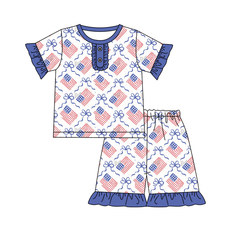 25.11.28 custom each style moq 5 eta 6-8week Sibling Sisters flag bow baby girl clothes short sleeve shorts sets 4 match family design