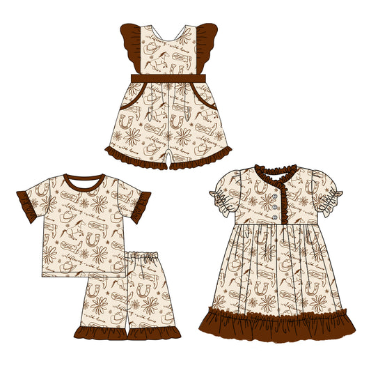 25.11.10 custom each style moq 5 eta 6-8week Sibling Sister boot horse baby short sleeve shorts sets and jumpsuit and dress match design