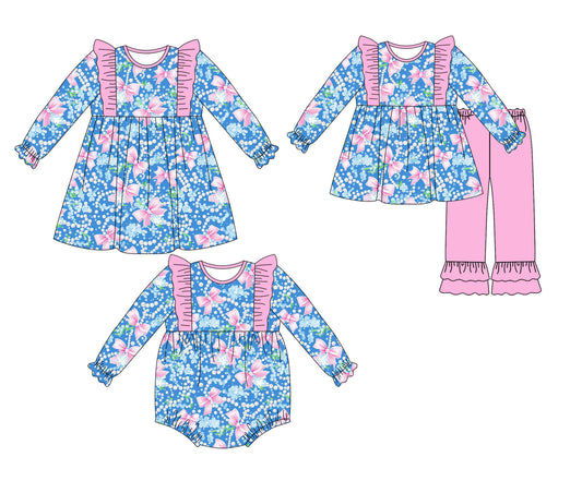 25.9.22 custom each style moq 8 eta 6-8week Sibling Sisters floral bow baby girl long sleeve pants sets and dress and rompers match family design