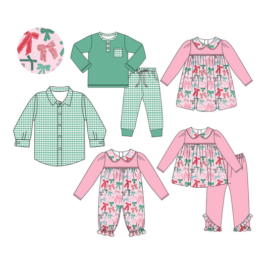 25.5.28 custom each style moq 5eta 4-6week Sibling Sisters Christmas bow baby girl long sleeve pants sets 1 and sets 2 and romper and dress and top match family design
