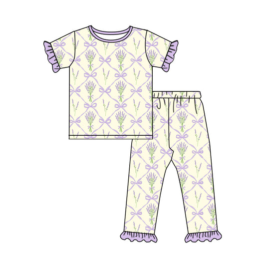 10.23 custom each style moq 5eta 4-6week Sibling Sister flower bow purple baby girls short sleeve sets and rompers match design