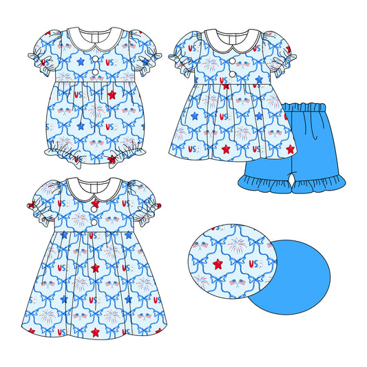 25.11.3 custom each style moq 5 eta 6-8week Sibling Sister star bow flag USA baby short sleeve shorts sets and romper and dress match design