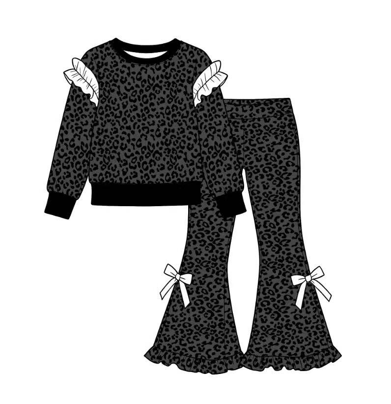 custom moq 5 mix size Baby Girls Dark Leopard Print Ruffle Shoulder Long Sleeve Top And White Bow Ruffle Bell Bottom Pants Fall Outfit Set