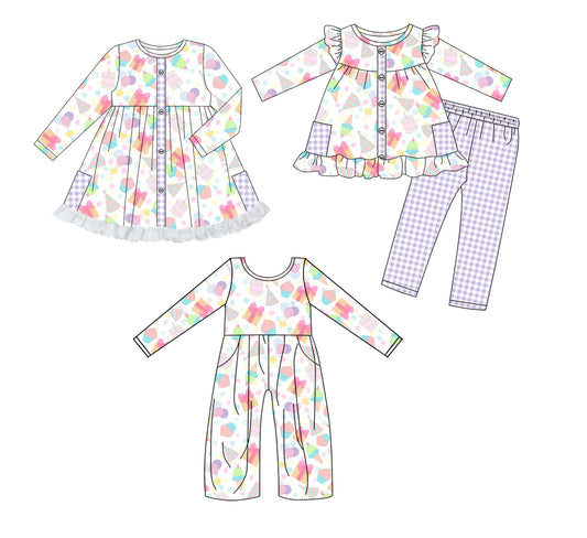 25.8.11 custom each style moq 5eta 4-6week Sibling Sisters baby girl long sleeve pants sets and dress and jumpsuit match family design