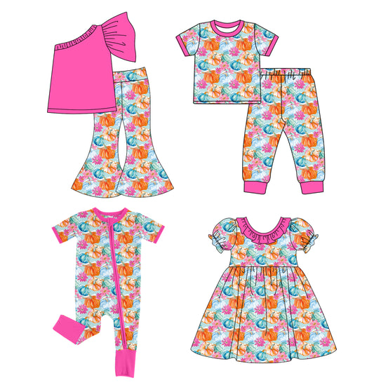 4.28 custom each style moq 5eta 4-6week Sibling Sister pumpkin short sleeve pants sets 1 and sets 2 and dress and romper match design