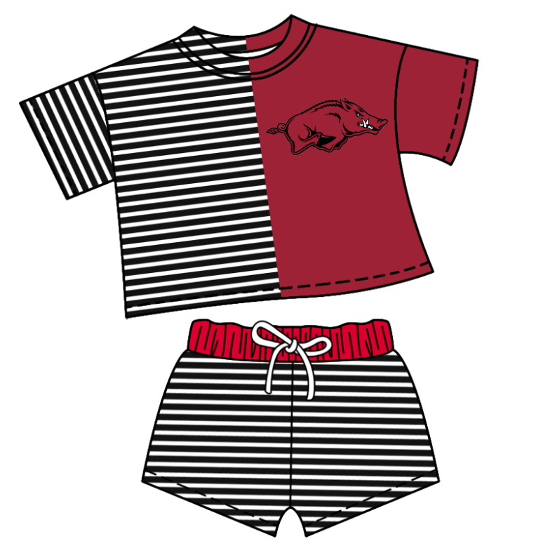 Custom moq 5 mix size milk silk summer teams Children's Dark Red Striped Outfit Set Short-Sleeved Crew Neck Top And Drawstring Shorts for Kids