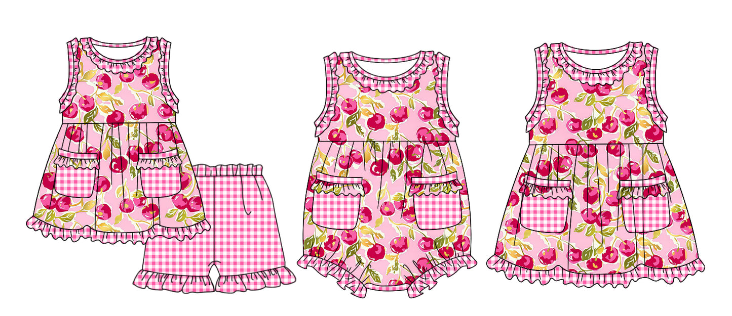 11.13 custom each style moq 5eta 4-6week Sibling Sister cherry baby girl short sleeve shorts sets and dress and rompers match family design