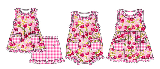 11.13 custom each style moq 5eta 4-6week Sibling Sister cherry baby girl short sleeve shorts sets and dress and rompers match family design